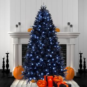 7.5ft Black Christmas Tree with 500 White LED Lights, 2156 Tips PE+PVC Artificial Tree for Halloween & Holiday Decor