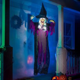 Halloween Hanging Witch Decorations Outdoor, Flying Talking Ghost Decor Light Up Eyes Sound Activated