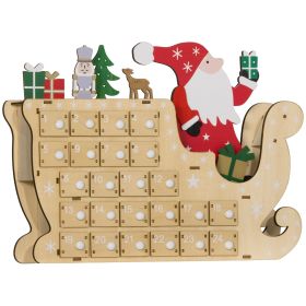 Christmas Advent Calendar, Light Up Wooden Holiday Decoration with 24 Countdown Drawers and LED Lights for Kids and Adults, Battery Operated, Nat (Theme: Santa and Sleigh, Color: Natural Wood)